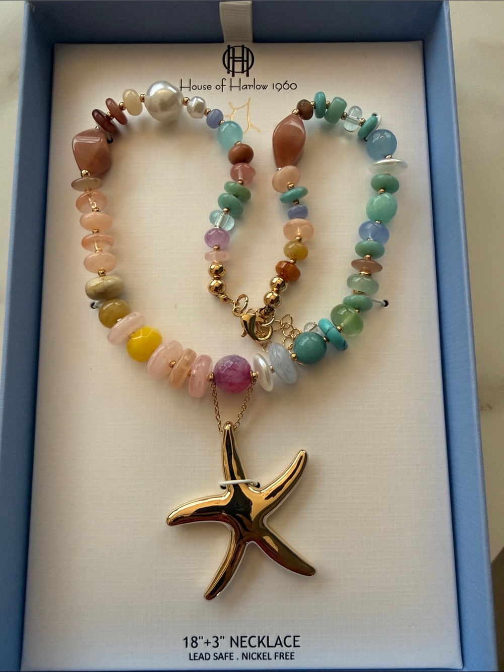 House of Harlow 1960 Pastel Multicolor Beaded Necklace with Gold Starfish Charm